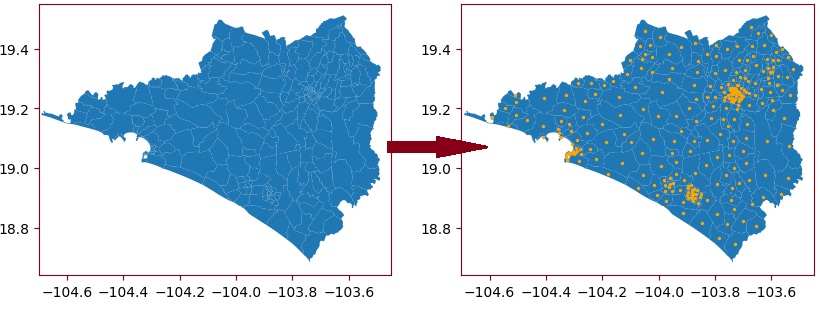 Gráfica que muestra el establecimiento de los centroides para cada zona postal